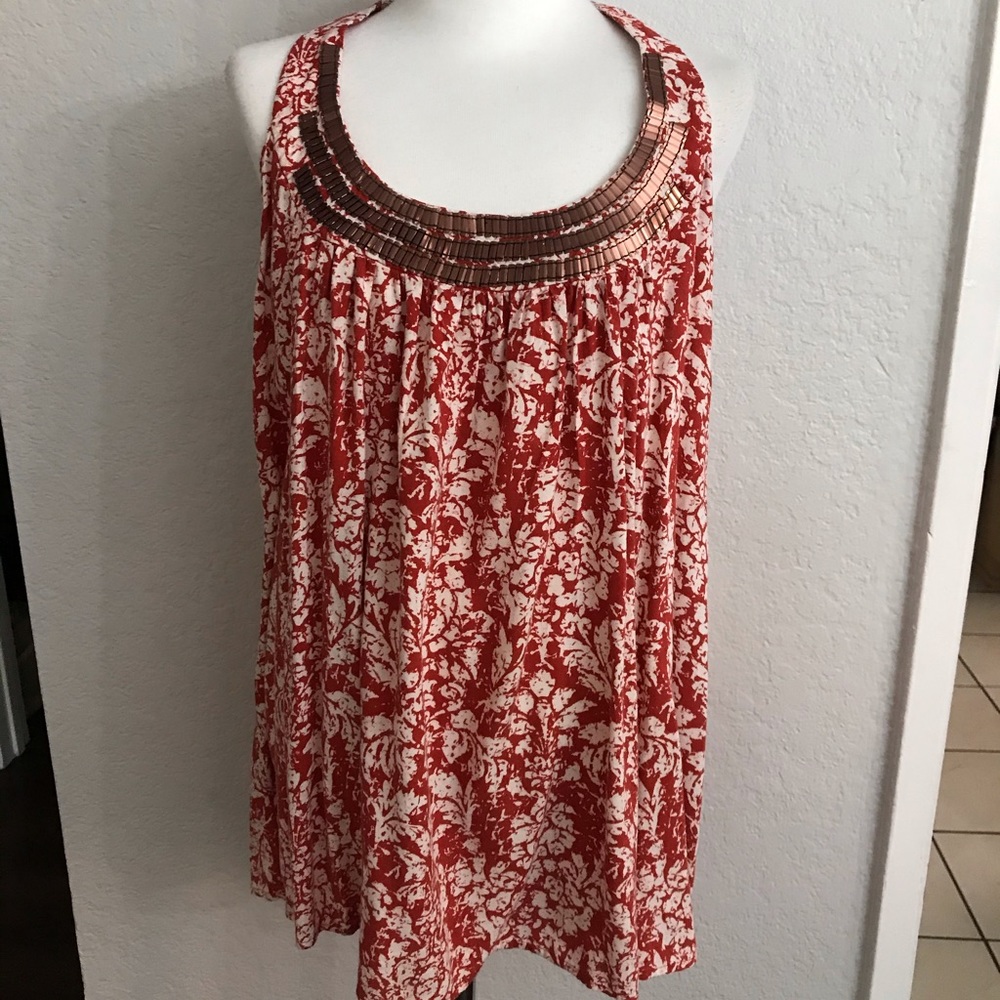 Elle Women’s Summer Orange white brown halter tank top brown sequin collar sz XL